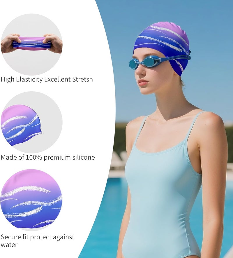 WRTMBOIF Swim Cap for Long Hair, Durable Silicone Swimming Caps for Women Adults Youths, Non-Slip Waterproof Swim Cap to Keep Hair Dry - Image 2